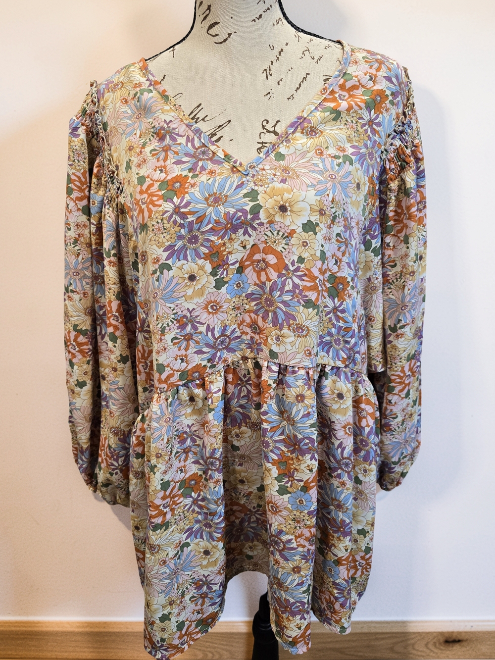 Entro Floral V-Neck Babydoll Tunic Top XL